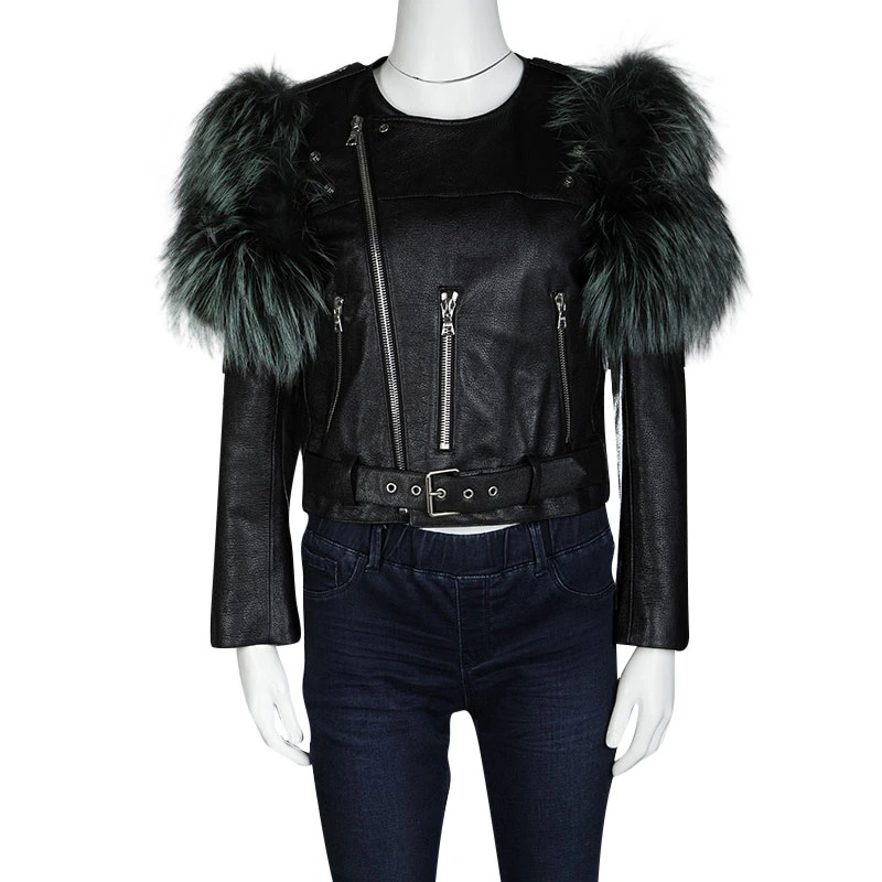 Marc Jacobs Black Goat Leather Fox Fur Trim Embellished Moto Jacket S For Women 2 Marc Jacobs Black Goat Leather Fox Fur Trim Embellished Moto Jacket S For Women - Image 2