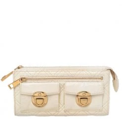Marc Jacobs Cream Patent Leather Double Pocket Wallet For Women