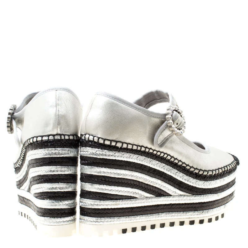 Marc Jacobs Metallic Silver Leather Suzi Crystal Embellished Brooch Mary Jane Espadrille Platforms Size 39 For Women 5 Marc Jacobs Metallic Silver Leather Suzi Crystal Embellished Brooch Mary Jane Espadrille Platforms Size 39 For Women - Image 5