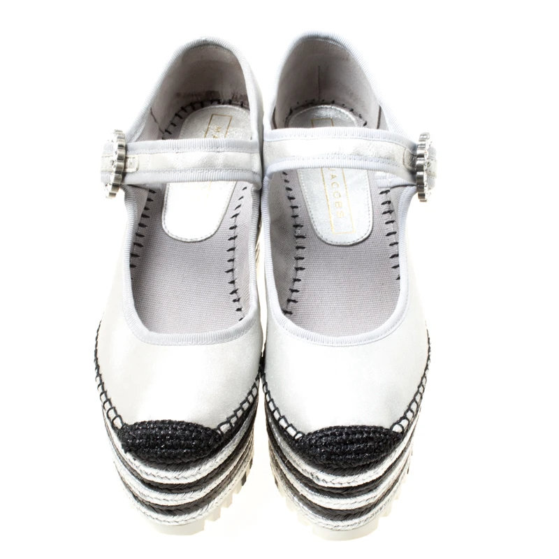 Marc Jacobs Metallic Silver Leather Suzi Crystal Embellished Brooch Mary Jane Espadrille Platforms Size 39 For Women 3 Marc Jacobs Metallic Silver Leather Suzi Crystal Embellished Brooch Mary Jane Espadrille Platforms Size 39 For Women - Image 3