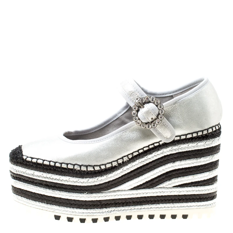Marc Jacobs Metallic Silver Leather Suzi Crystal Embellished Brooch Mary Jane Espadrille Platforms Size 39 For Women 2 Marc Jacobs Metallic Silver Leather Suzi Crystal Embellished Brooch Mary Jane Espadrille Platforms Size 39 For Women - Image 2