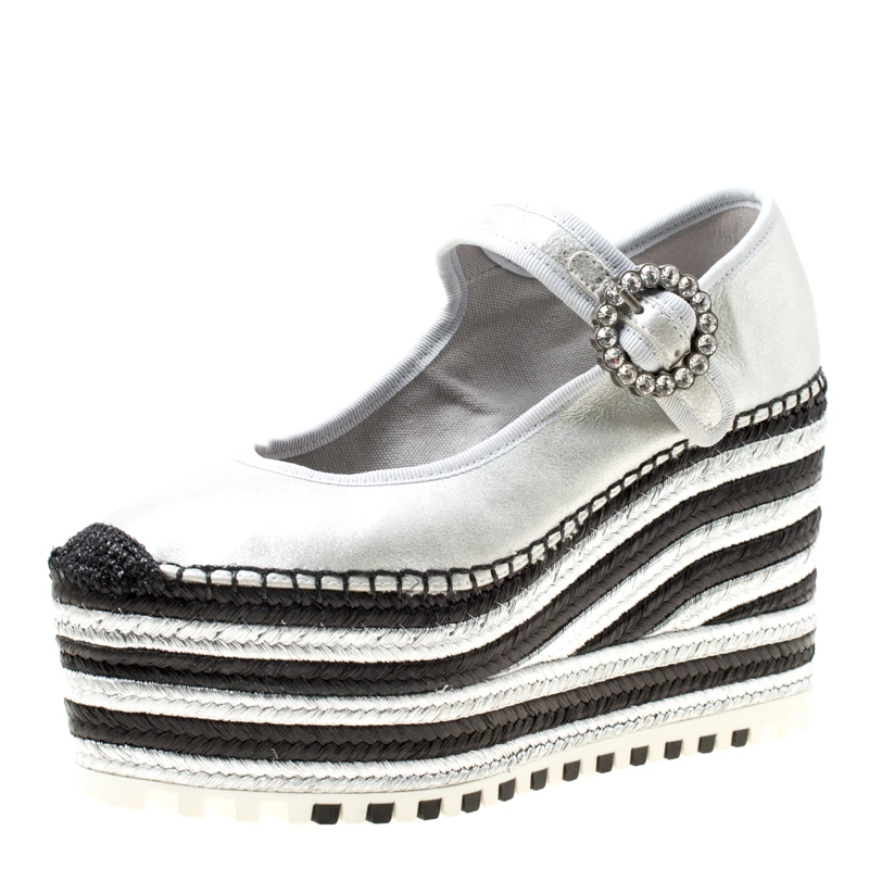 Marc Jacobs Metallic Silver Leather Suzi Crystal Embellished Brooch Mary Jane Espadrille Platforms Size 39 For Women 1 Marc Jacobs Metallic Silver Leather Suzi Crystal Embellished Brooch Mary Jane Espadrille Platforms Size 39 For Women