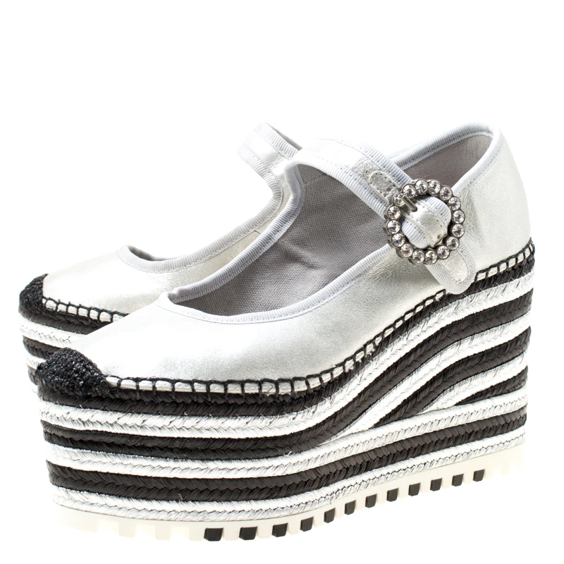 Marc Jacobs Metallic Silver Leather Suzi Crystal Embellished Brooch Mary Jane Espadrille Platforms Size 39 For Women 4 Marc Jacobs Metallic Silver Leather Suzi Crystal Embellished Brooch Mary Jane Espadrille Platforms Size 39 For Women - Image 4