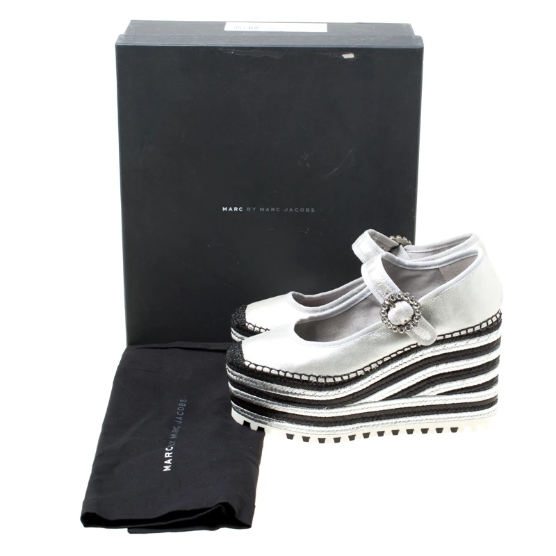 Marc Jacobs Metallic Silver Leather Suzi Crystal Embellished Brooch Mary Jane Espadrille Platforms Size 39 For Women 8 Marc Jacobs Metallic Silver Leather Suzi Crystal Embellished Brooch Mary Jane Espadrille Platforms Size 39 For Women - Image 8