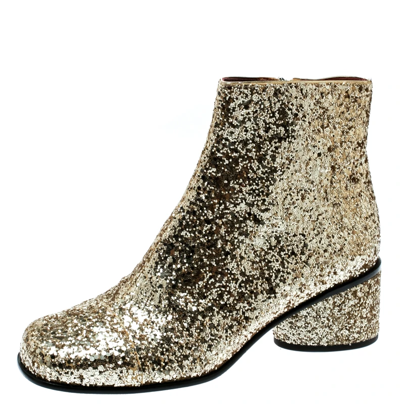 Marc Jacobs Metallic Gold Coarse Glitter Camilla Block Heel Ankle Boots Size 37 For Women 1 Marc Jacobs Metallic Gold Coarse Glitter Camilla Block Heel Ankle Boots Size 37 For Women