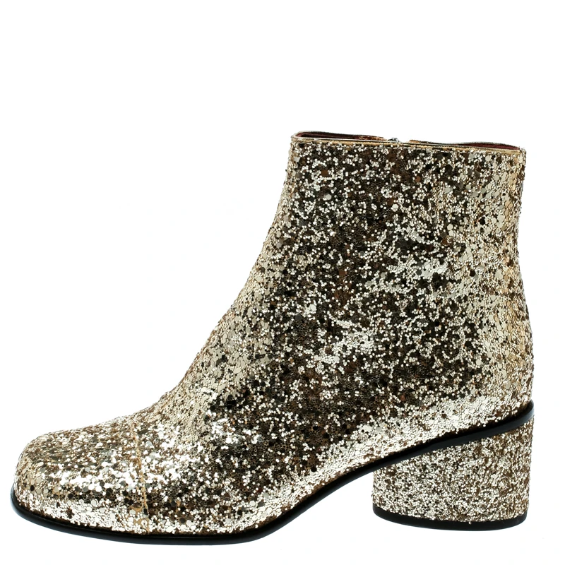 Marc Jacobs Metallic Gold Coarse Glitter Camilla Block Heel Ankle Boots Size 37 For Women 2 Marc Jacobs Metallic Gold Coarse Glitter Camilla Block Heel Ankle Boots Size 37 For Women - Image 2