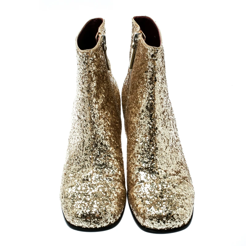Marc Jacobs Metallic Gold Coarse Glitter Camilla Block Heel Ankle Boots Size 37 For Women 3 Marc Jacobs Metallic Gold Coarse Glitter Camilla Block Heel Ankle Boots Size 37 For Women - Image 3
