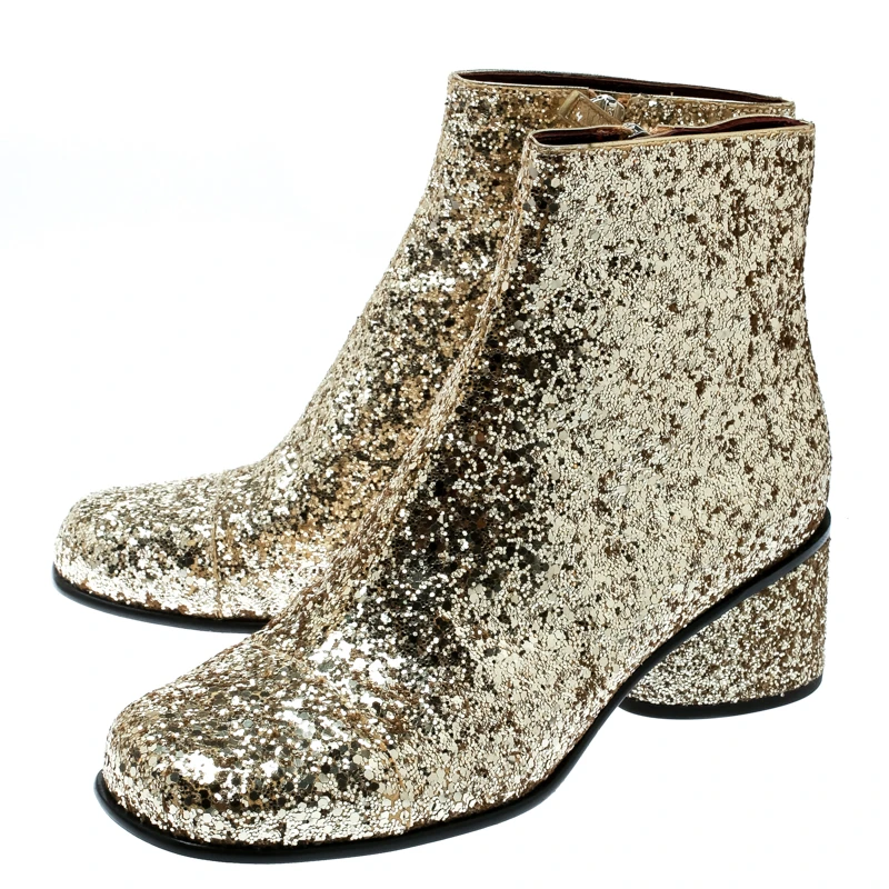 Marc Jacobs Metallic Gold Coarse Glitter Camilla Block Heel Ankle Boots Size 37 For Women 4 Marc Jacobs Metallic Gold Coarse Glitter Camilla Block Heel Ankle Boots Size 37 For Women - Image 4