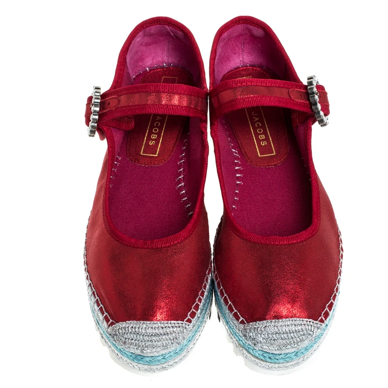 Marc Jacobs Metallic Red Nubuck Suzi Crystal Embellished Brooch Mary Jane Espadrille Platforms Size 39 For Women 3 Marc Jacobs Metallic Red Nubuck Suzi Crystal Embellished Brooch Mary Jane Espadrille Platforms Size 39 For Women - Image 3