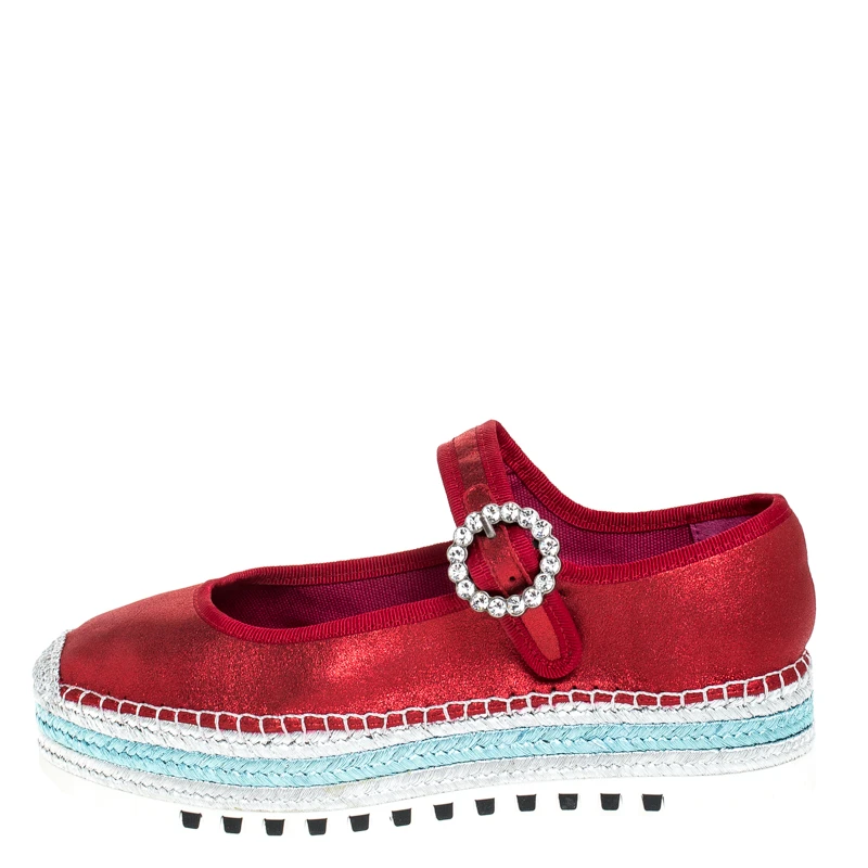 Marc Jacobs Metallic Red Nubuck Suzi Crystal Embellished Brooch Mary Jane Espadrille Platforms Size 39 For Women 2 Marc Jacobs Metallic Red Nubuck Suzi Crystal Embellished Brooch Mary Jane Espadrille Platforms Size 39 For Women - Image 2