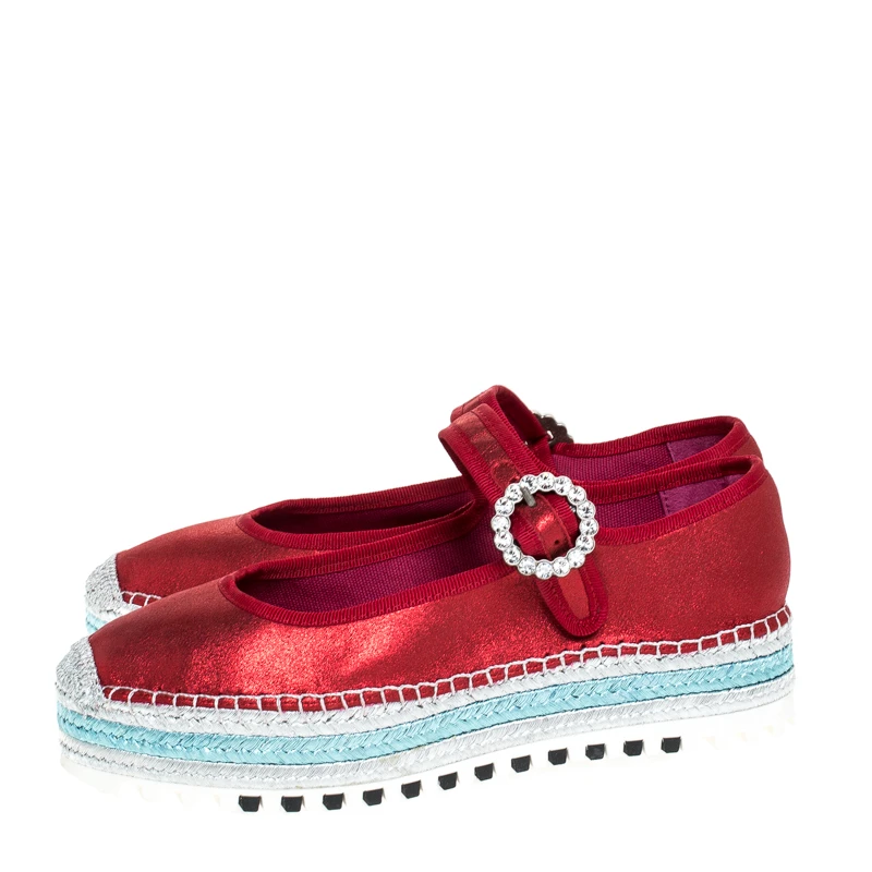 Marc Jacobs Metallic Red Nubuck Suzi Crystal Embellished Brooch Mary Jane Espadrille Platforms Size 39 For Women 4 Marc Jacobs Metallic Red Nubuck Suzi Crystal Embellished Brooch Mary Jane Espadrille Platforms Size 39 For Women - Image 4