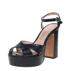 Marc Jacobs Black Python Embossed Leather Criss Crss Platform Ankle Strap Size 38 For Women