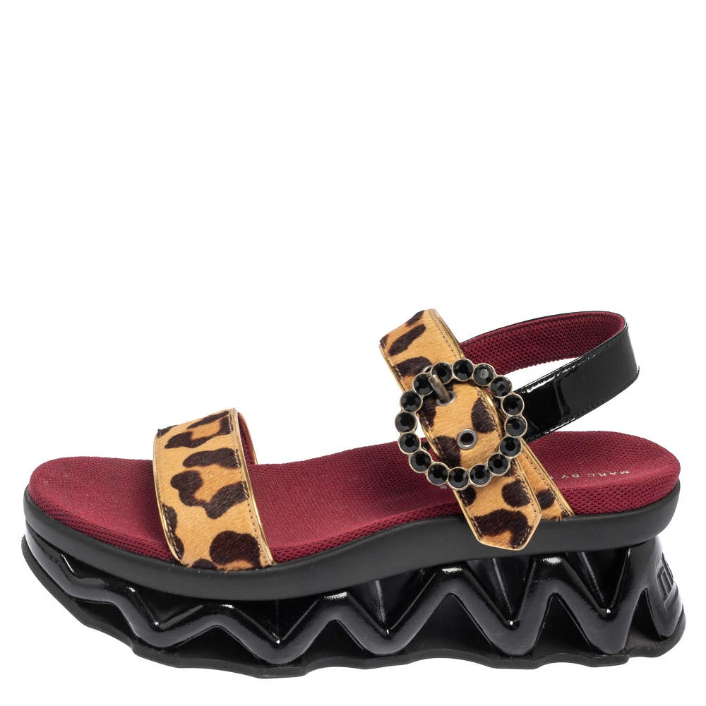 Marc By Marc Jacobs Beige Leopard Print Calf Hair And Patent Leather Ninja Wave Platform Sandals Size 37 For Women 2 Marc By Marc Jacobs Beige Leopard Print Calf Hair And Patent Leather Ninja Wave Platform Sandals Size 37 For Women - Image 2