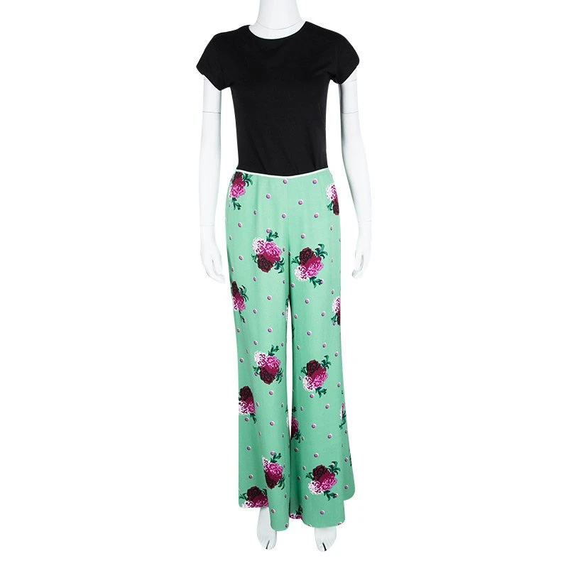 Marc Jacobs Green Floral Printed Crepe High Waist Wide Leg Pants M For Women 2 Marc Jacobs Green Floral Printed Crepe High Waist Wide Leg Pants M For Women - Image 2