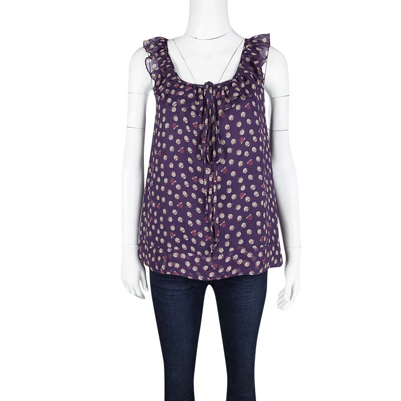 Marc Jacobs Purple Printed Chiffon Ruffle Trim Sleeveless Top S For Women 2 Marc Jacobs Purple Printed Chiffon Ruffle Trim Sleeveless Top S For Women - Image 2