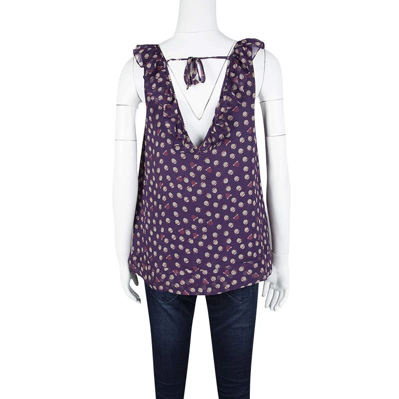 Marc Jacobs Purple Printed Chiffon Ruffle Trim Sleeveless Top S For Women 3 Marc Jacobs Purple Printed Chiffon Ruffle Trim Sleeveless Top S For Women - Image 3