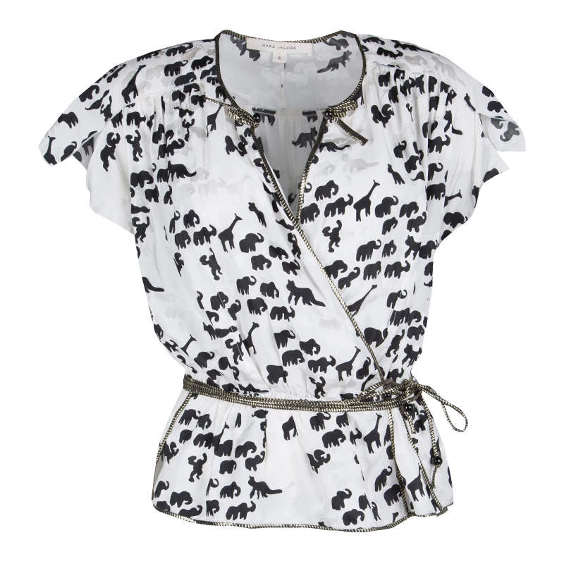 Marc Jacobs White Animal Figure Print Wrap Top M For Women 1 Marc Jacobs White Animal Figure Print Wrap Top M For Women