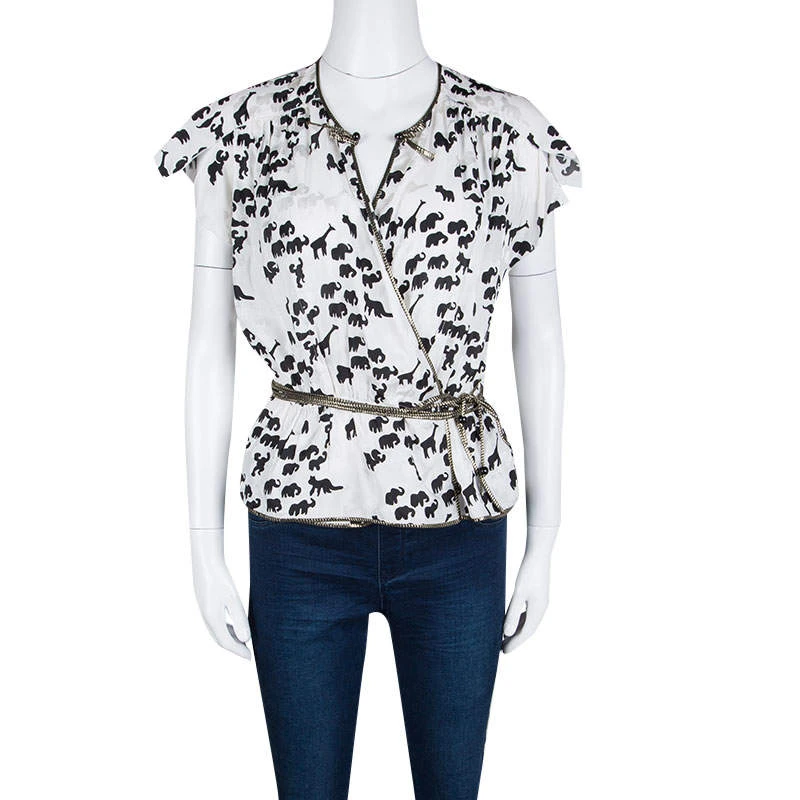 Marc Jacobs White Animal Figure Print Wrap Top M For Women 2 Marc Jacobs White Animal Figure Print Wrap Top M For Women - Image 2