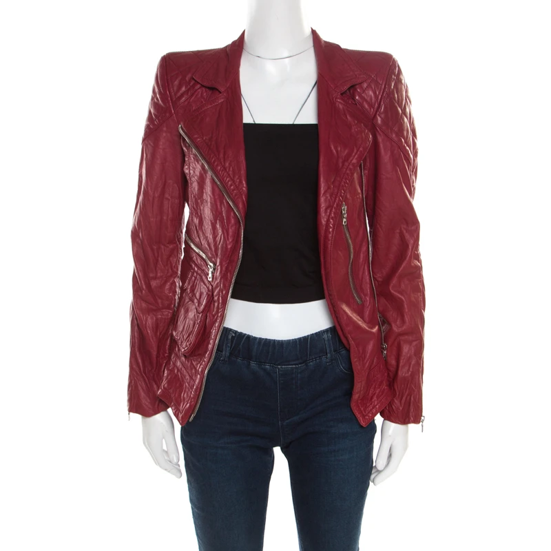 Marc Jacobs Brick Red Leather Quilted Shoulder Biker Jacket S For Women 1 Marc Jacobs Brick Red Leather Quilted Shoulder Biker Jacket S For Women