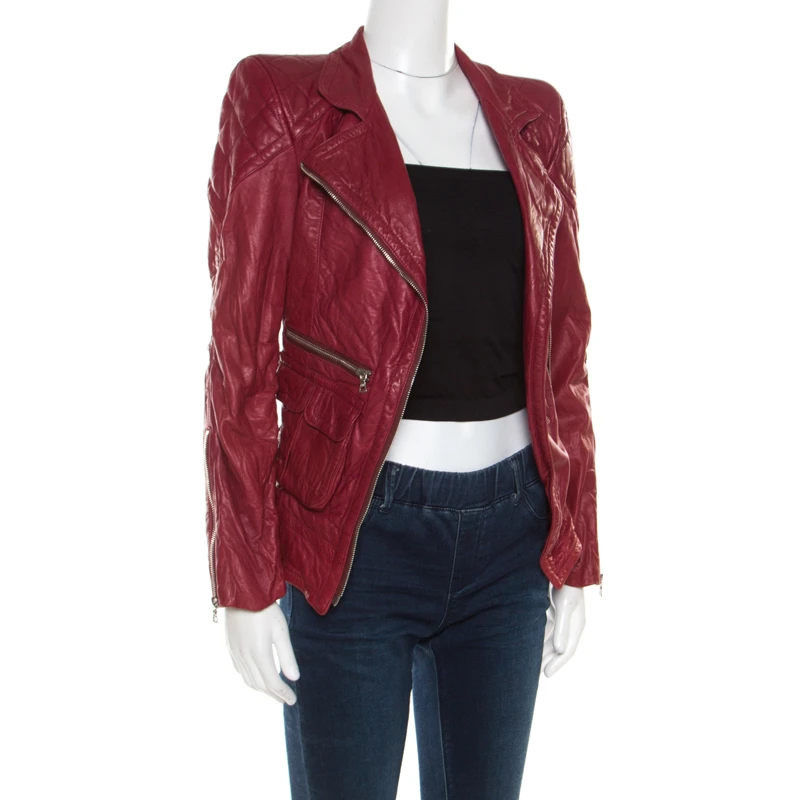 Marc Jacobs Brick Red Leather Quilted Shoulder Biker Jacket S For Women 2 Marc Jacobs Brick Red Leather Quilted Shoulder Biker Jacket S For Women - Image 2