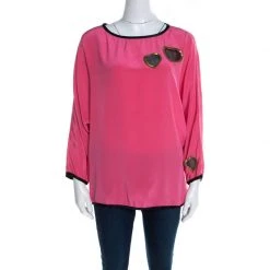Marc Jacobs Pink Silk Contrast Heart Applique Dolman Sleeve Blouse L For Women