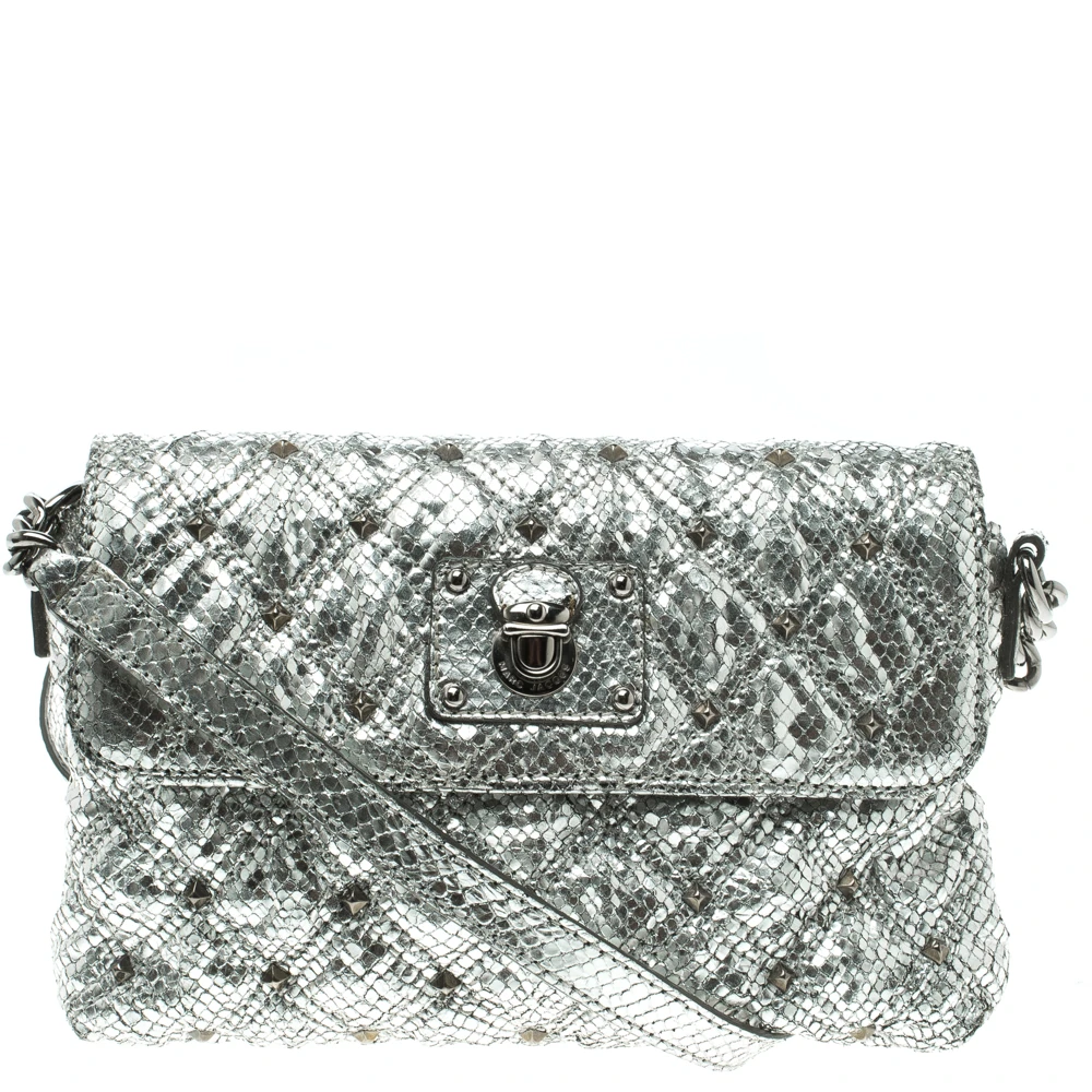 Marc Jacobs Silver Quilted Python Embossed Leather Crossbody Bag For Women 1 Marc Jacobs Silver Quilted Python Embossed Leather Crossbody Bag For Women