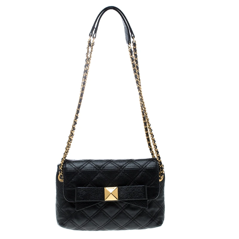 Marc Jacobs Black Quilted Coated Canvas Bow Shoulder Bag For Women 1 Marc Jacobs Black Quilted Coated Canvas Bow Shoulder Bag For Women