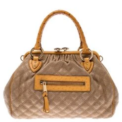Marc Jacobs Light Brown/Mustard Quilted Coated Fabric And Ostrich Stam Satchel For Women