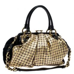Marc Jacobs Black/Gold Houndstooth Print Leather And Fur Little Stam Shoulder Bag For Women -Marc Jacobs shop luxury women marc jacobs used handbags p251500 004