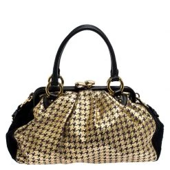 Marc Jacobs Black/Gold Houndstooth Print Leather And Fur Little Stam Shoulder Bag For Women -Marc Jacobs shop luxury women marc jacobs used handbags p251500 005