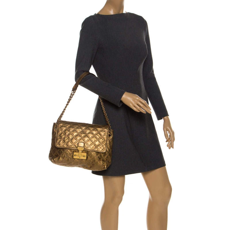 Marc Jacobs Metallic Gold Quilted Leather Flap Shoulder Bag For Women 2 Marc Jacobs Metallic Gold Quilted Leather Flap Shoulder Bag For Women - Image 2