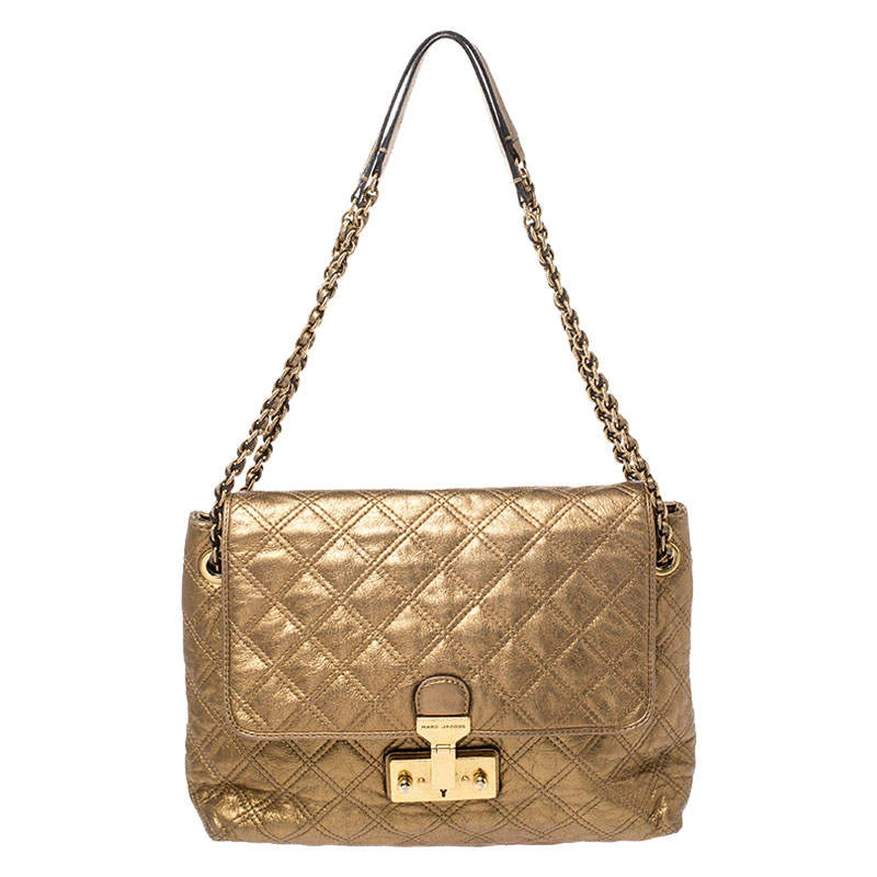Marc Jacobs Metallic Gold Quilted Leather Flap Shoulder Bag For Women 1 Marc Jacobs Metallic Gold Quilted Leather Flap Shoulder Bag For Women