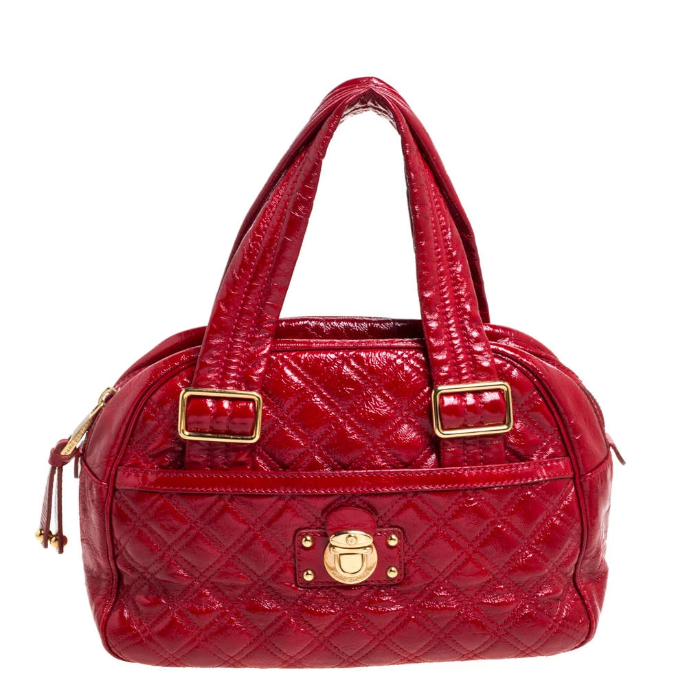 Marc Jacobs Red Quilted Patent Leather Pushlock Satchel For Women 1 Marc Jacobs Red Quilted Patent Leather Pushlock Satchel For Women