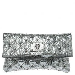 Marc Jacobs Silver Snake Effec Leather Foldover Clutch For Women