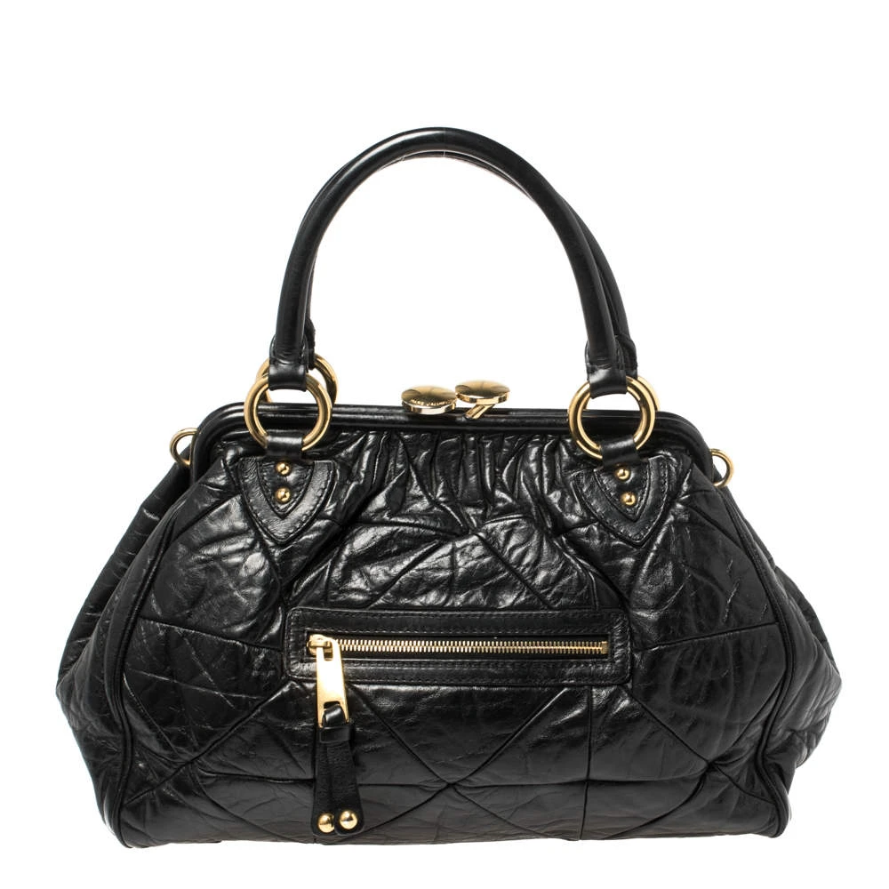 Marc Jacobs Black Crinkled Leather Stam Satchel For Women 1 Marc Jacobs Black Crinkled Leather Stam Satchel For Women