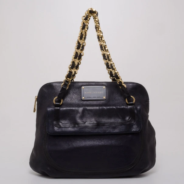 Marc Jacobs Black And Navy Leather Chain Handle Tote For Women 1 Marc Jacobs Black And Navy Leather Chain Handle Tote For Women