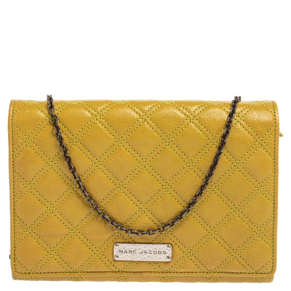Marc Jacobs Lime Quilted Leather Flap Chain Clutch For Women 1 Marc Jacobs Lime Quilted Leather Flap Chain Clutch For Women