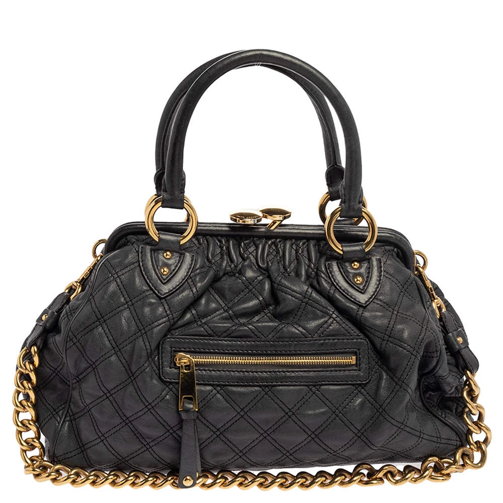 Marc Jacobs Dark Grey Quilted Leather Stam Satchel For Women 1 Marc Jacobs Dark Grey Quilted Leather Stam Satchel For Women