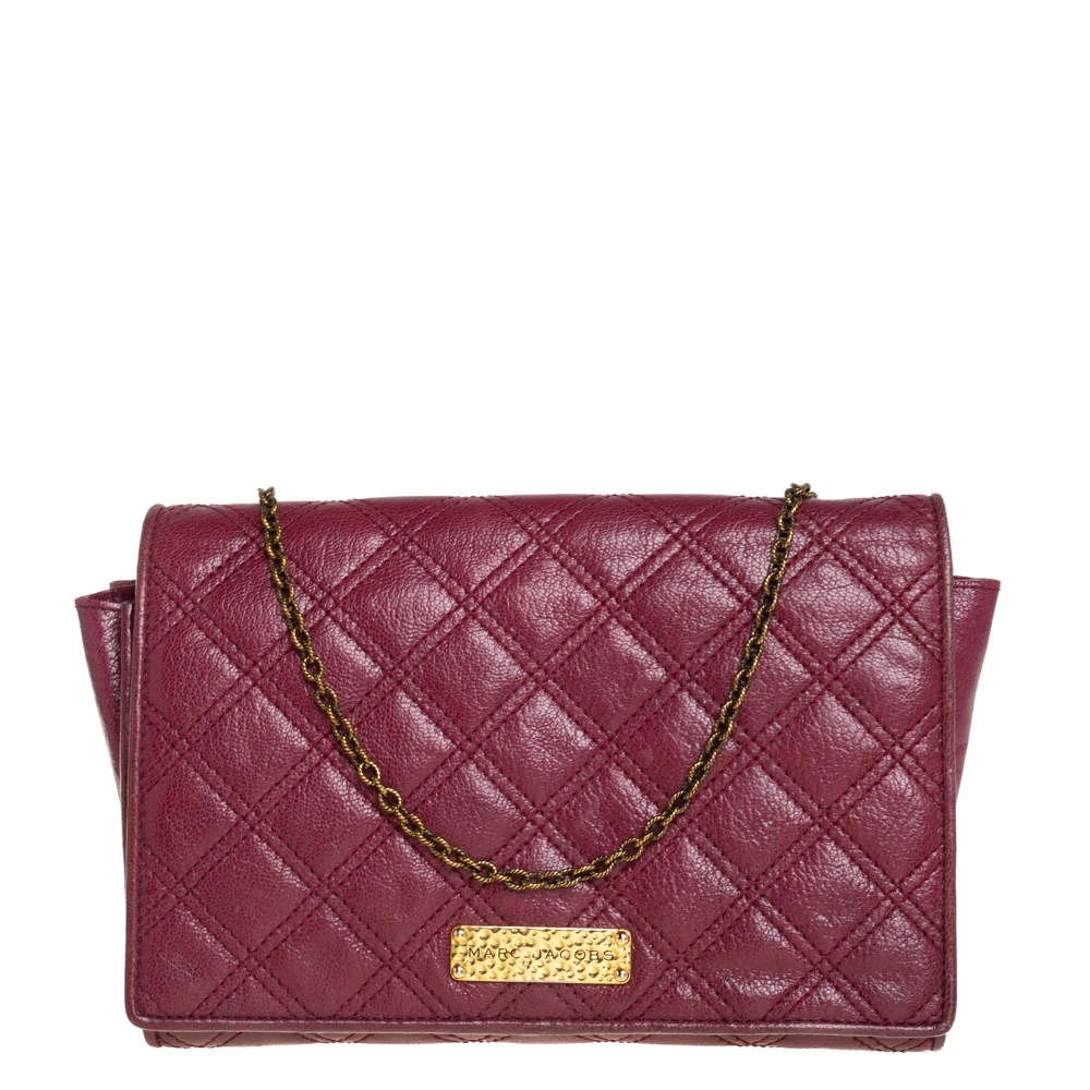 Marc Jacobs Burgundy Quilted Leather Flap Chain Clutch For Women 1 Marc Jacobs Burgundy Quilted Leather Flap Chain Clutch For Women