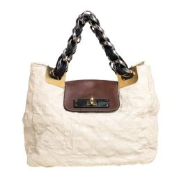 Marc Jacobs Cream/Brown Quilted Shimmer Leather Turnlock Flap Shoulder Bag For Women