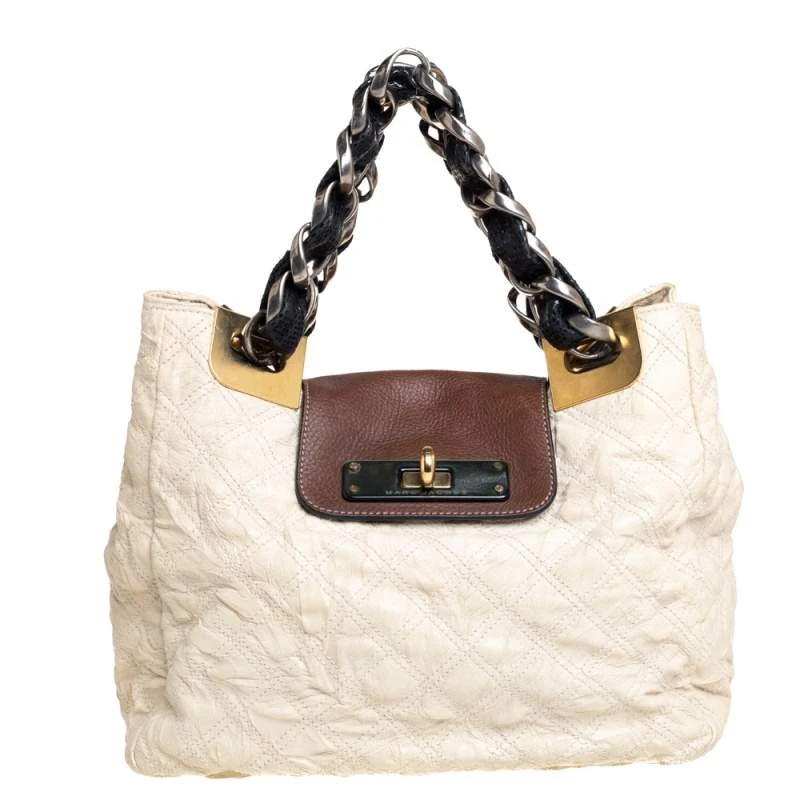 Marc Jacobs Cream/Brown Quilted Shimmer Leather Turnlock Flap Shoulder Bag For Women 1 Marc Jacobs Cream/Brown Quilted Shimmer Leather Turnlock Flap Shoulder Bag For Women