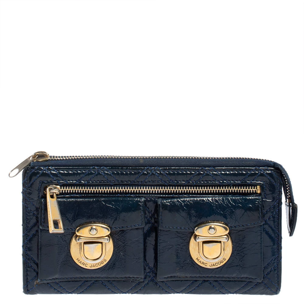 Marc Jacobs Blue Glazed Leather Zip Clutch For Women 1 Marc Jacobs Blue Glazed Leather Zip Clutch For Women