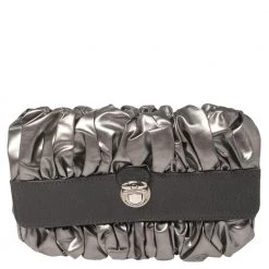 Marc Jacobs Mark Jacobs Metallic/Grey Gathered Coated Canvas And Leather Pushlock Clutch For Women