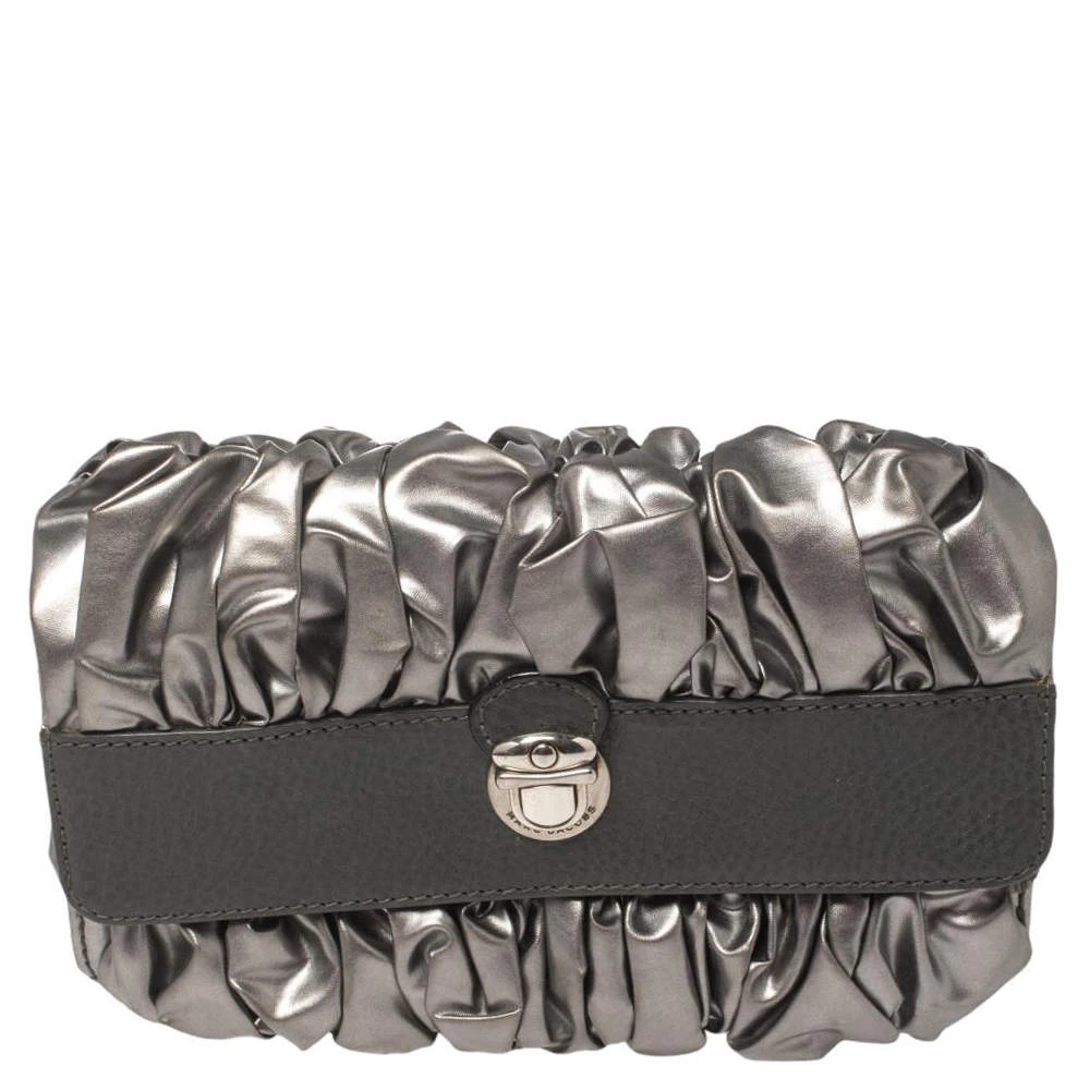 Marc Jacobs Mark Jacobs Metallic/Grey Gathered Coated Canvas And Leather Pushlock Clutch For Women 1 Marc Jacobs Mark Jacobs Metallic/Grey Gathered Coated Canvas And Leather Pushlock Clutch For Women