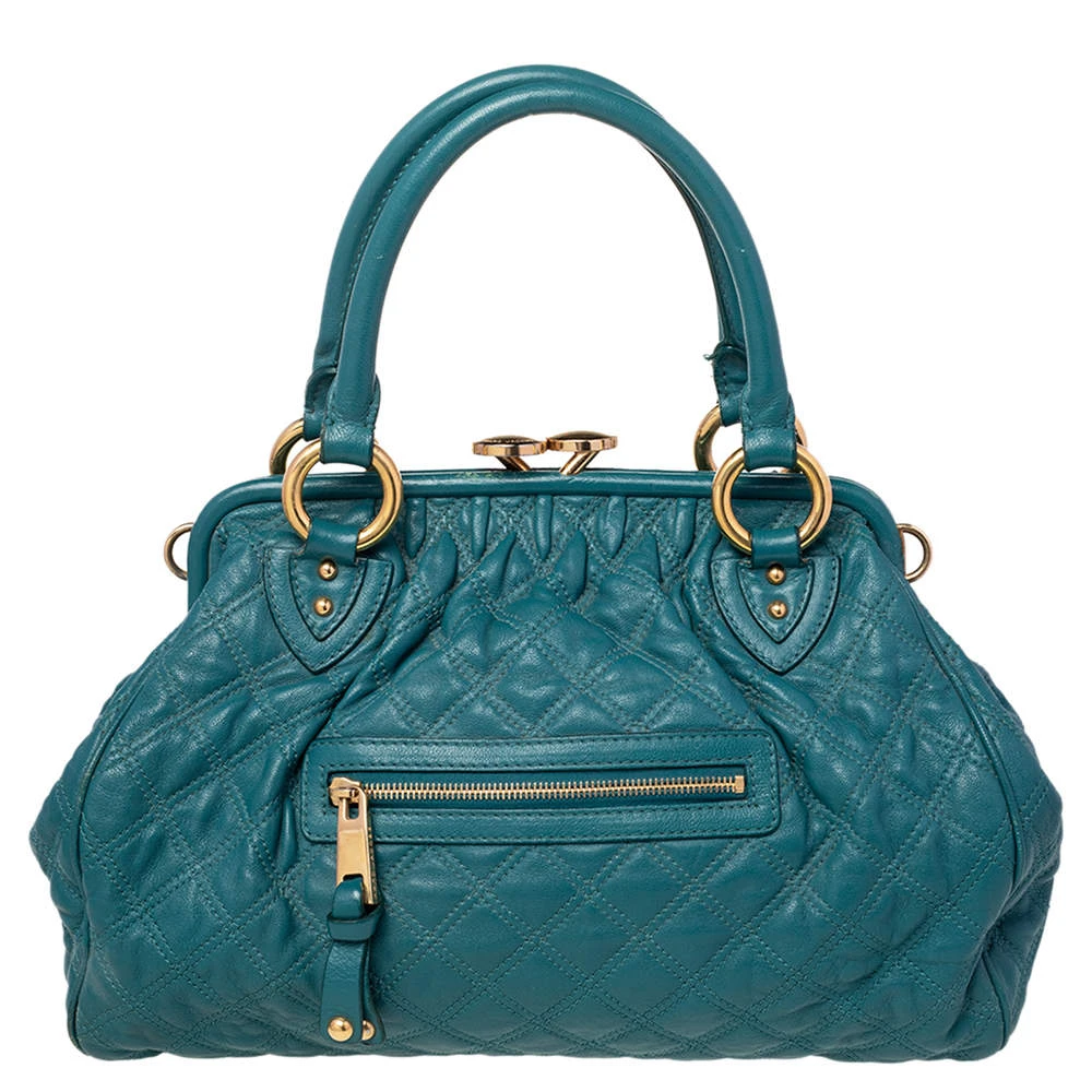 Marc Jacobs Teal Blue Quilted Leather Stam Satchel For Women 1 Marc Jacobs Teal Blue Quilted Leather Stam Satchel For Women