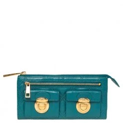 Marc Jacobs Teal Blue Quilted Leather Double Pocket Zip Clutch For Women