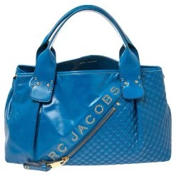 Marc Jacobs Blue Quilted Glossy Leather Eyelet Logo Tote For Women