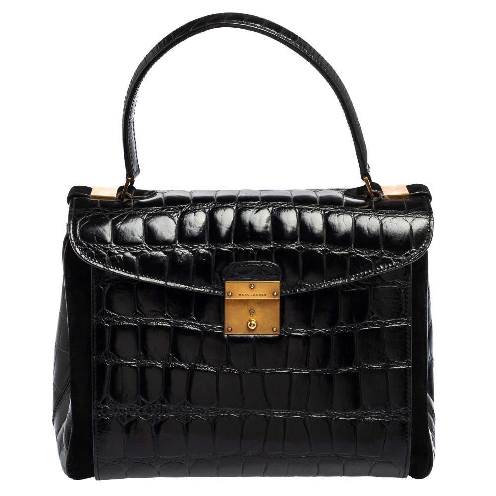 Marc Jacobs Black Croc Embossed Leather Metropolitan Top Handle Bag For Women 1 Marc Jacobs Black Croc Embossed Leather Metropolitan Top Handle Bag For Women