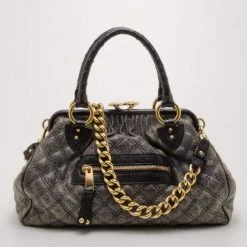Marc Jacobs Dark Grey Quilted Stam With Ostrich Trim For Women