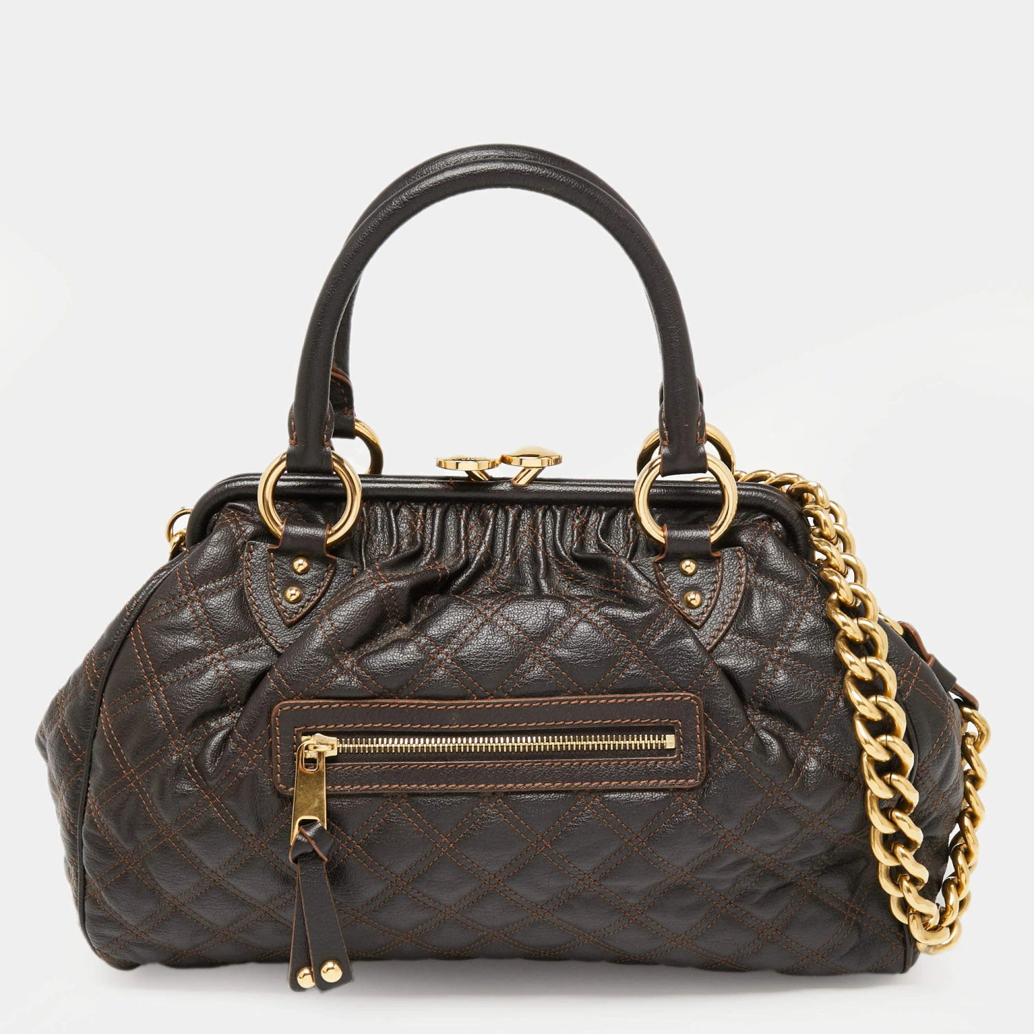 Marc Jacobs Dark Choco Brown Quilted Leather Stam Satchel For Women 1 Marc Jacobs Dark Choco Brown Quilted Leather Stam Satchel For Women